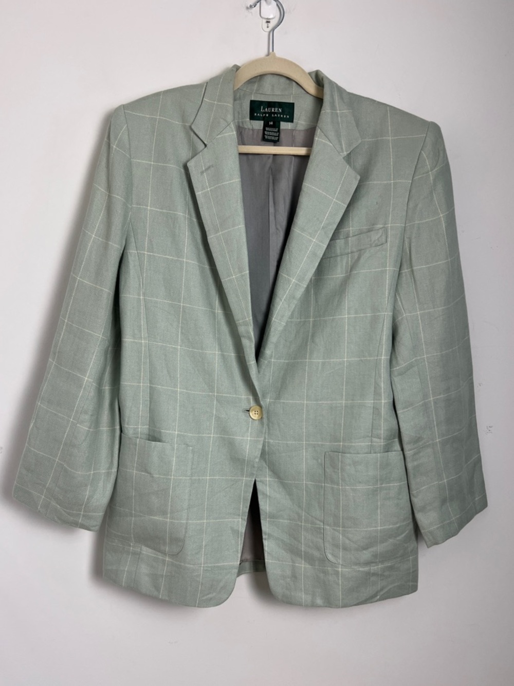 Vintage Lauren Ralph Lauren Size 14 Seafoam Green Windowpane‎ Plaid Linen Blazer